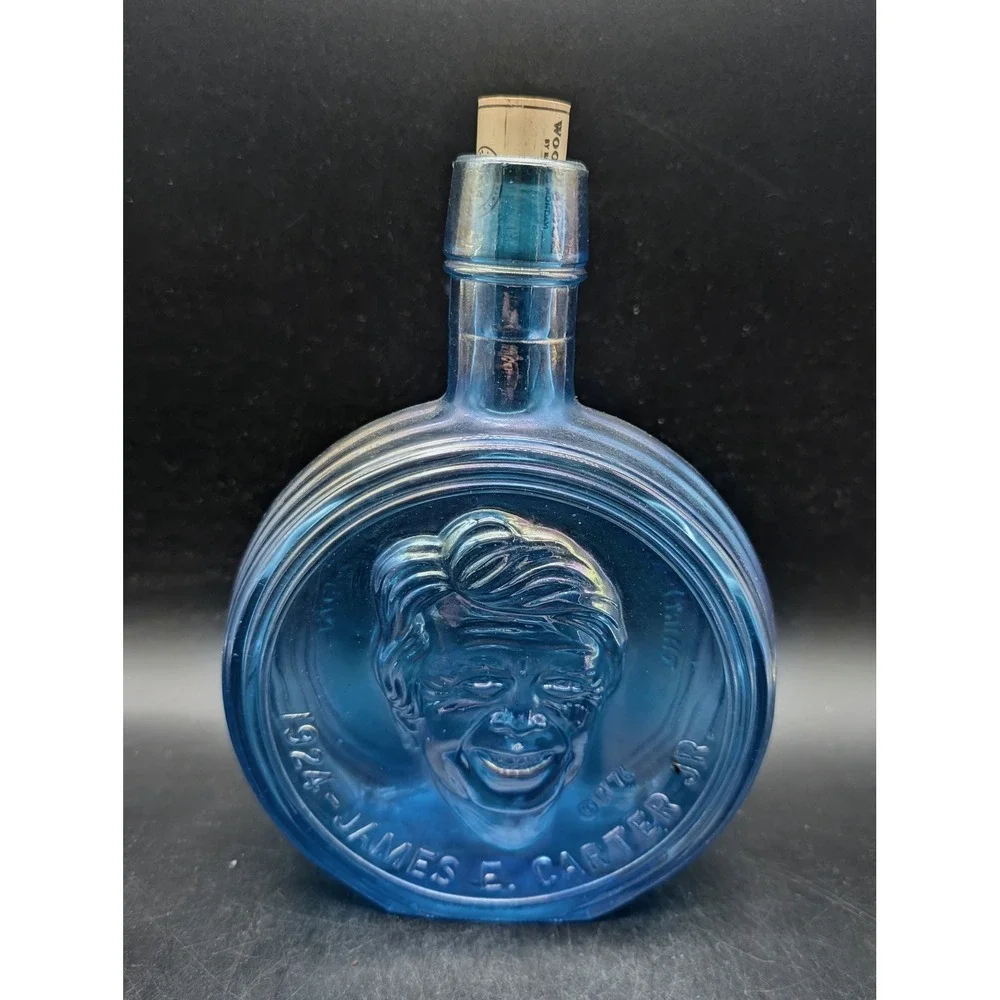 Vintage Wheaton Village Jimmy Carter Iridescent Blue Carnival Glass Flask 1977